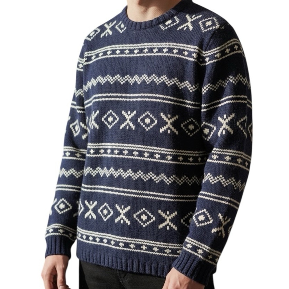 Old Navy Vintage Wool Navy Cream Geometric Crewneck Sweater